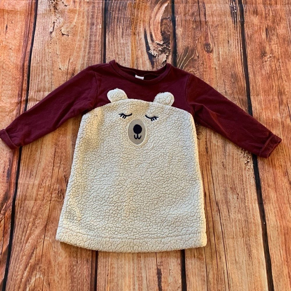 Old Navy Polar Bear Burgundy fleece detail long sleeve dress size 12-18 mth